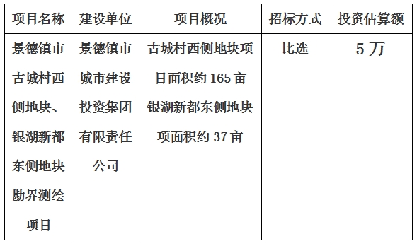 景德鎮(zhèn)市古城村西側(cè)地塊、銀湖新都東側(cè)地塊勘界測繪項(xiàng)目計(jì)劃公告