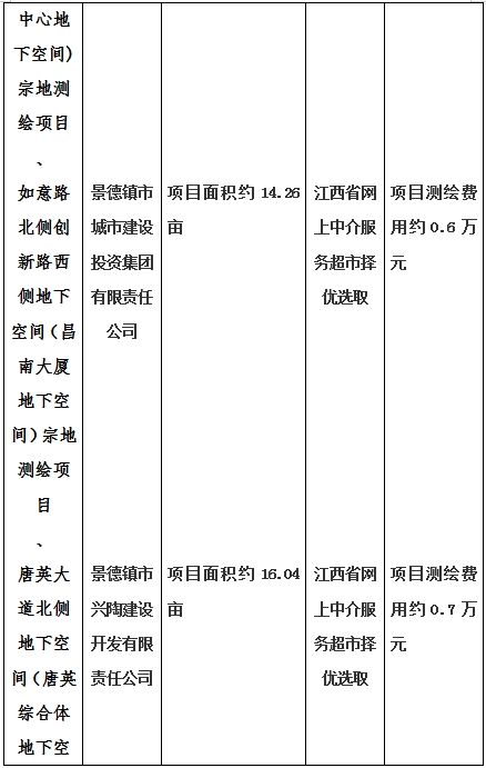 景德鎮(zhèn)市昌南新區(qū)LJ1-03-A01-1地塊、瓷都大道東側(cè)中渡口地下空間（格蘭云天大酒店地下空間）、光明大道北側(cè)利民路西側(cè)地下空間（青少年宮地下空間）、規(guī)劃二路北側(cè)地下空間地塊二（加速基地地下空間）、規(guī)劃二路北側(cè)地下空間地塊一（加速基地地下空間）、景德大道南側(cè)天寶橋西側(cè)地塊、景興大道東側(cè)如意路北側(cè)地下空間(社會(huì)公共服務(wù)