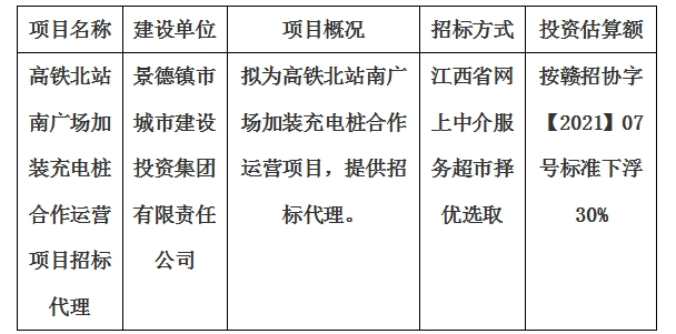 高鐵北站南廣場(chǎng)加裝充電樁合作運(yùn)營項(xiàng)目招標(biāo)代理計(jì)劃公告